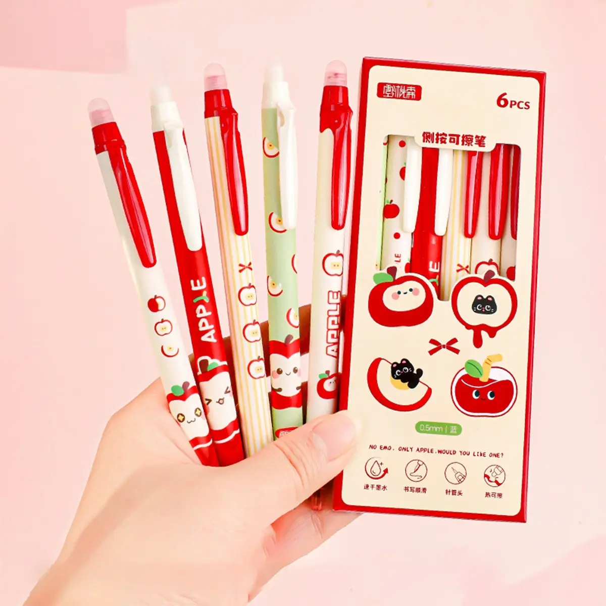 6pcs Cute Apple Pattern Erasable Pens, 0.5mm Fine Tip, Blue Ink, Smooth Writing, Ideal for Students, Classroom Notes, Gift Idea