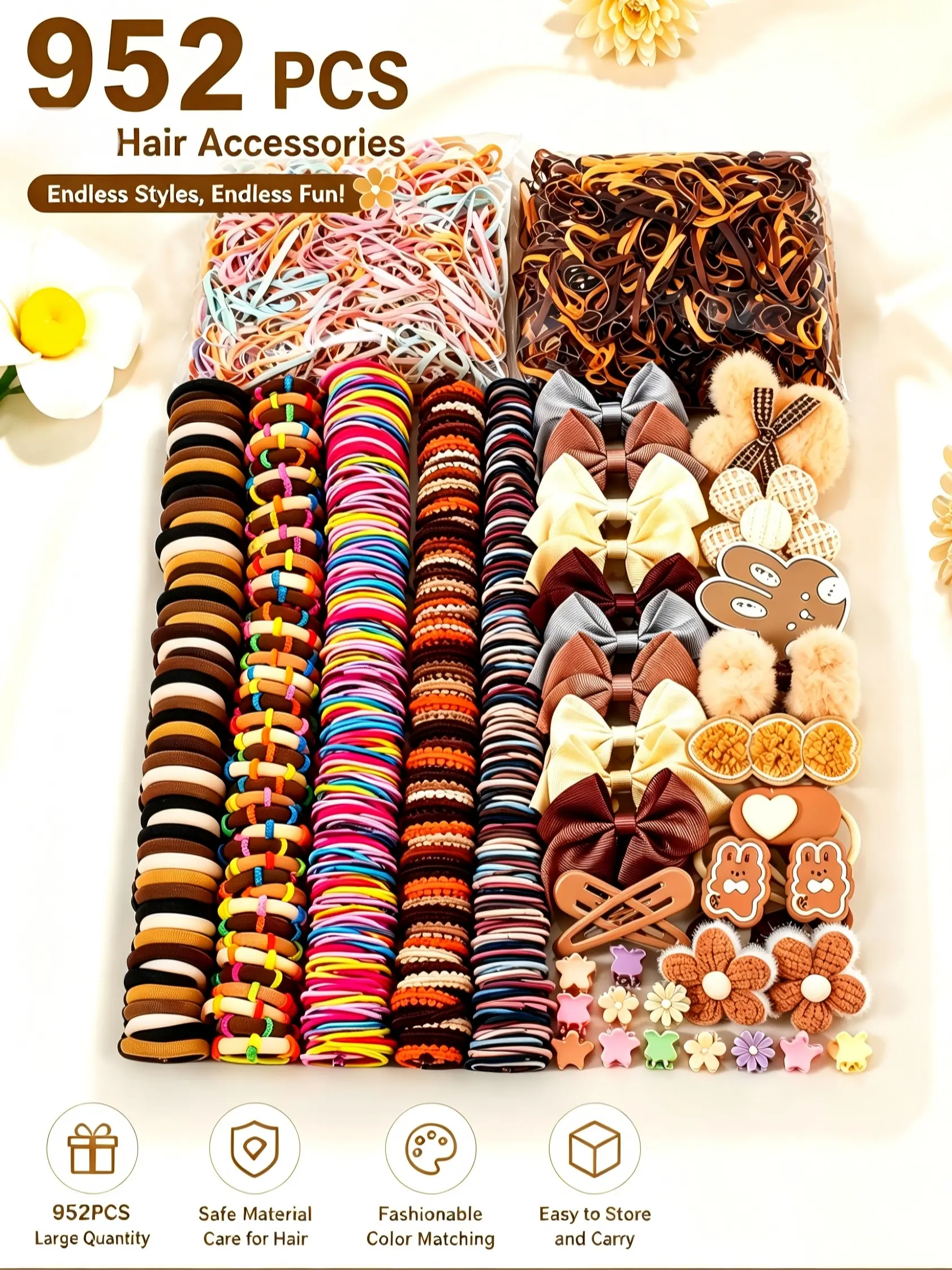 952pcs Khaki Hair Accessory Set, Easy to store, Includes High-Elastic Durable Non-Damage Ties, Bow Clips, Cute Quirky Hairpins & Small Organizing Clips, One-Stop Hairstyle Creativity for Little Girls, Perfect for Daily School, Photoshoots & Play