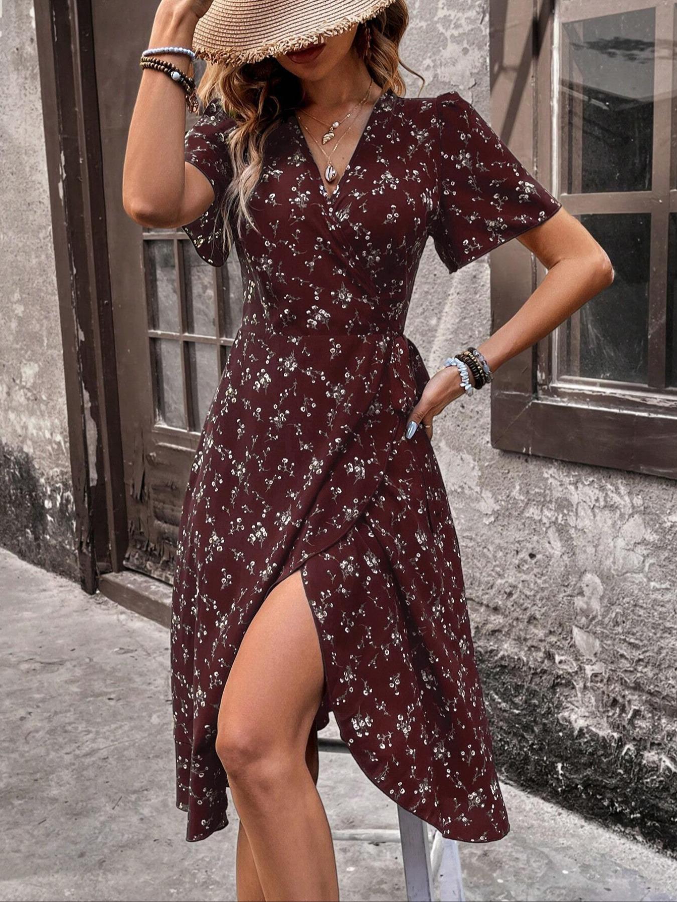 Women's Summer Floral Print Wrap Dress, Side Tie Design, Ruffle Hem, Fitted Midi Dress, Boho Style, Casual Wear, Short Sleeve, Ditsy Floral Pattern