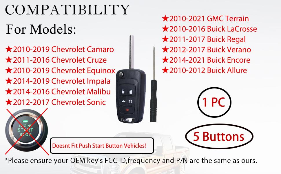 Key Fob Case Cover Replacement Fits for Chevy Cruze Camaro Impala Equinox GMC Terrain Buick Regal Lacrosse 2010 2011 2012 2013 2014 2015-2017 Keyless Entry Remote Control Key Fob Shell