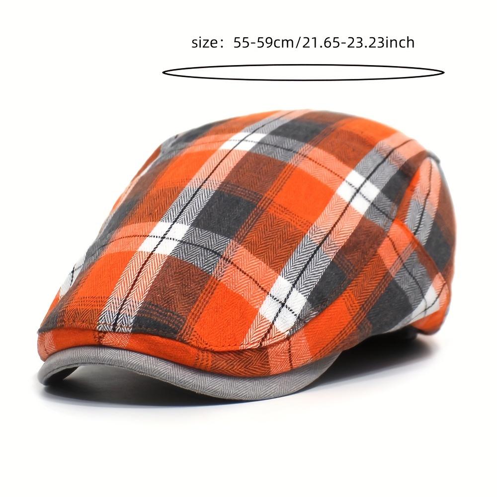 Vintage Plaid Beret Hat for Women & Men - Lightweight Summer British Style Casual Cap, Hand Washable, Orange Check Pattern, Beret Ca