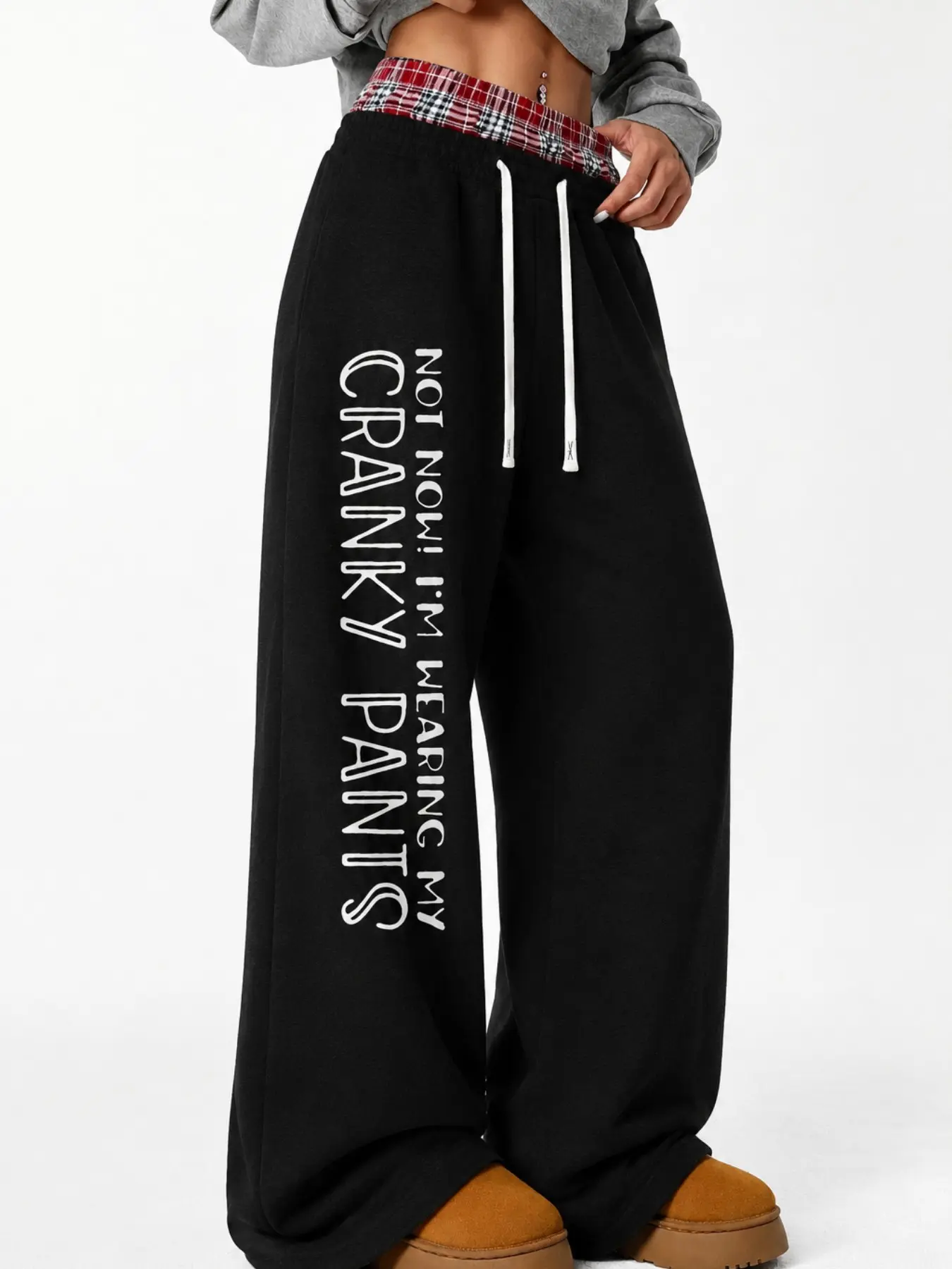 Fake Two-Piece Plaid Waist Wide Leg Sweatpants, Colorblock Dual Drawstring Loose Fit Casual Pants, Letter Print, All Seasons