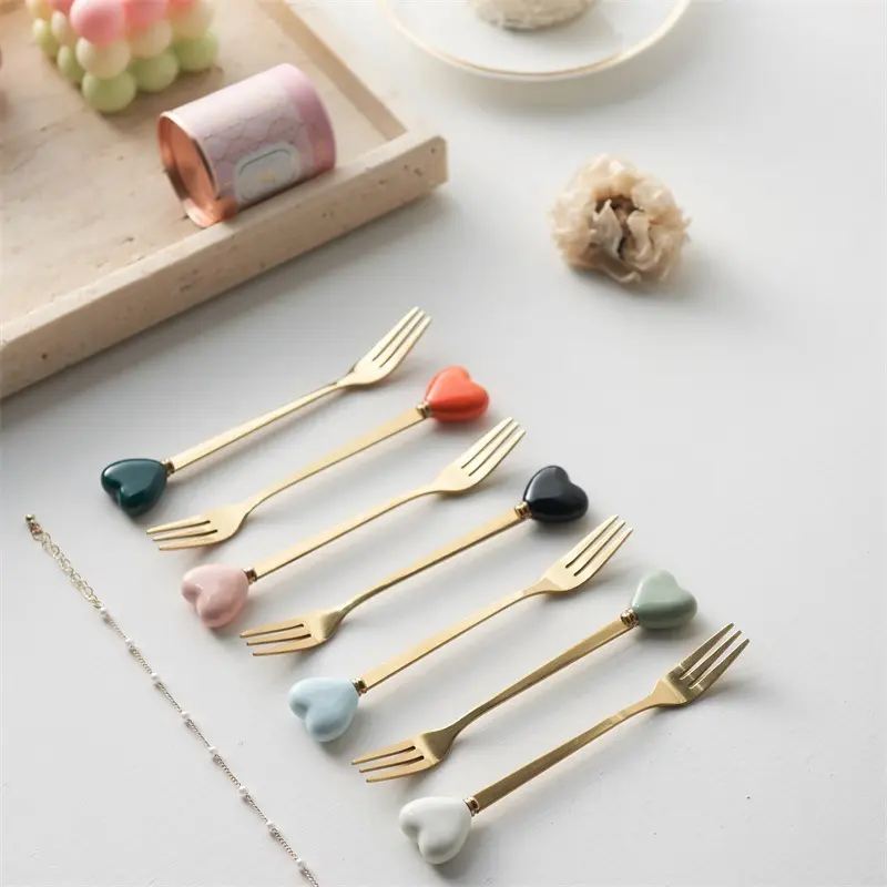 Luxury ceramic spoon, stainless steel coffee spoon, afternoon tea cake dessert spoon, high aesthetic value small fork and soup spoon for cross-border sales