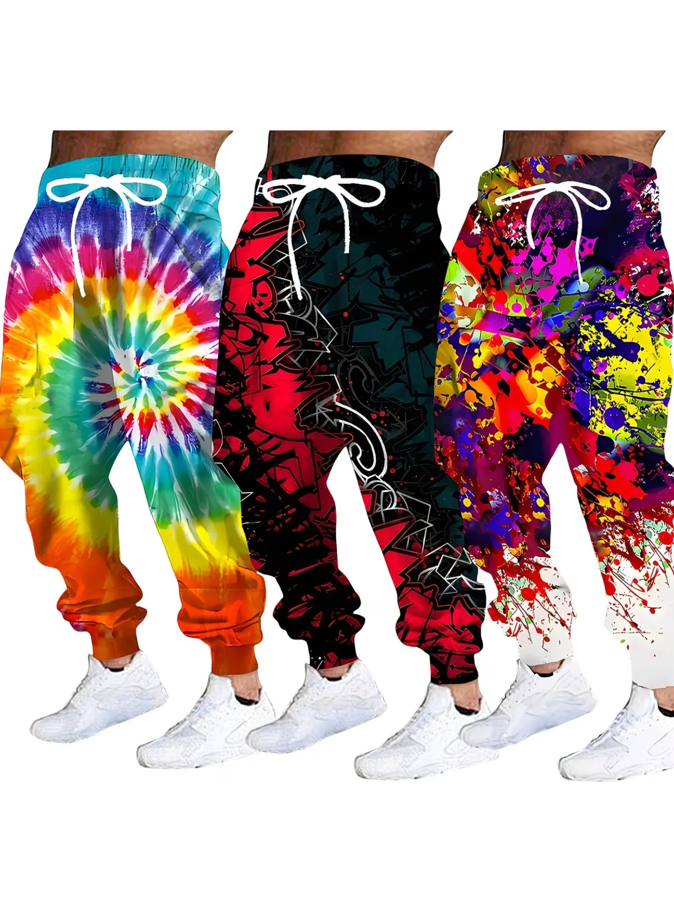 Men's 3-Piece Set Dynamic 3D Tie-Dye Swirl Colorful Ink Print Jogger Pants, Casual Fitted Sweatpants with Drawstring Waist, All Seasons Wear