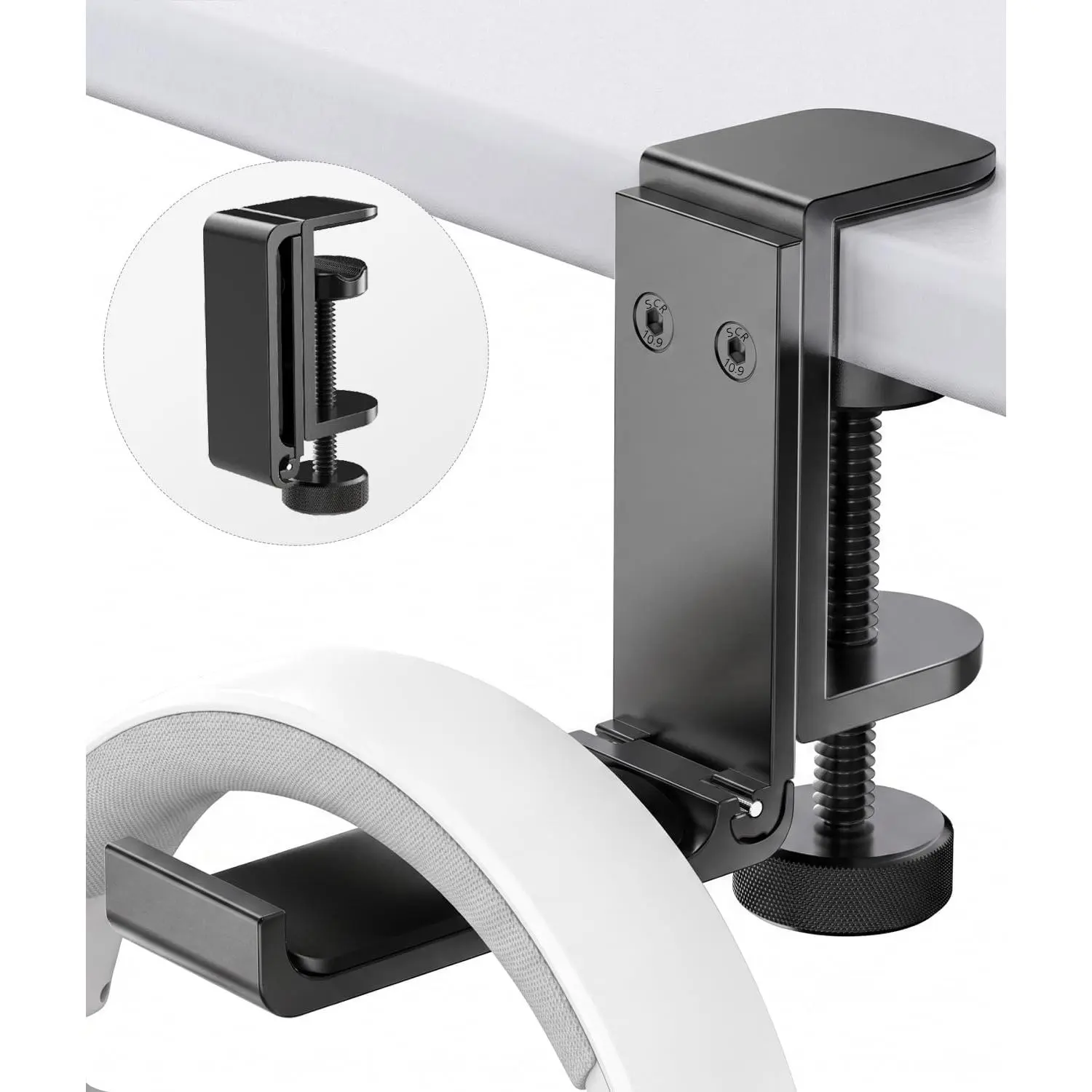 Headphone Stand Under Desk, Foldable  Headset Holder with Adjustable Screw Clamp, Headphone Hook Mount for Gaming Accessories, Space-Saving Under Table Headset Hanger