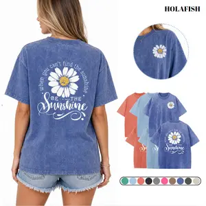 Holafish 100% Cotton Crewneck Streetwear T‑Shirt Retro Acid Wash Daisy "Be The Sunshine" Inspirational Graphic Printed Unisex Fashion Tees Summervibes Casual Top, 2026 New Color