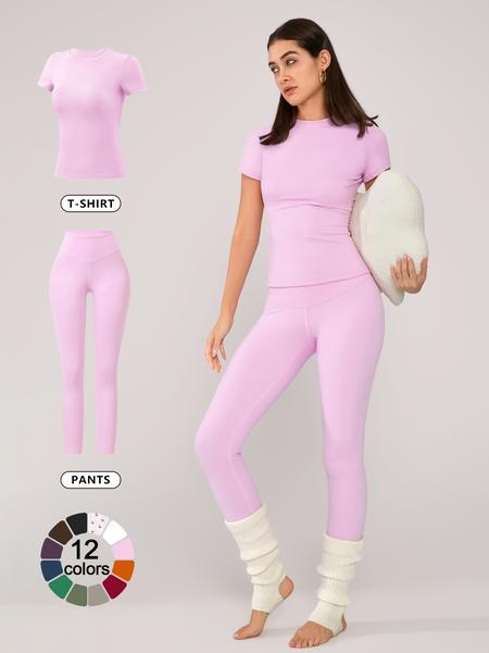 Women's Solid Short Sleeve Tee & Leggings Loungewear, Casual Comfy Round Neck Top & Skinny Pants PJ Set, Ladies Sleepwear for Spring & Fall, Pajama Women's Solid Short Sleeve Tee & Leggings Loungewear, Casual Comfy Round Neck Top & Skinny Pants PJ Set, Ladies Sleepwear for Spring & Fall, Pajama