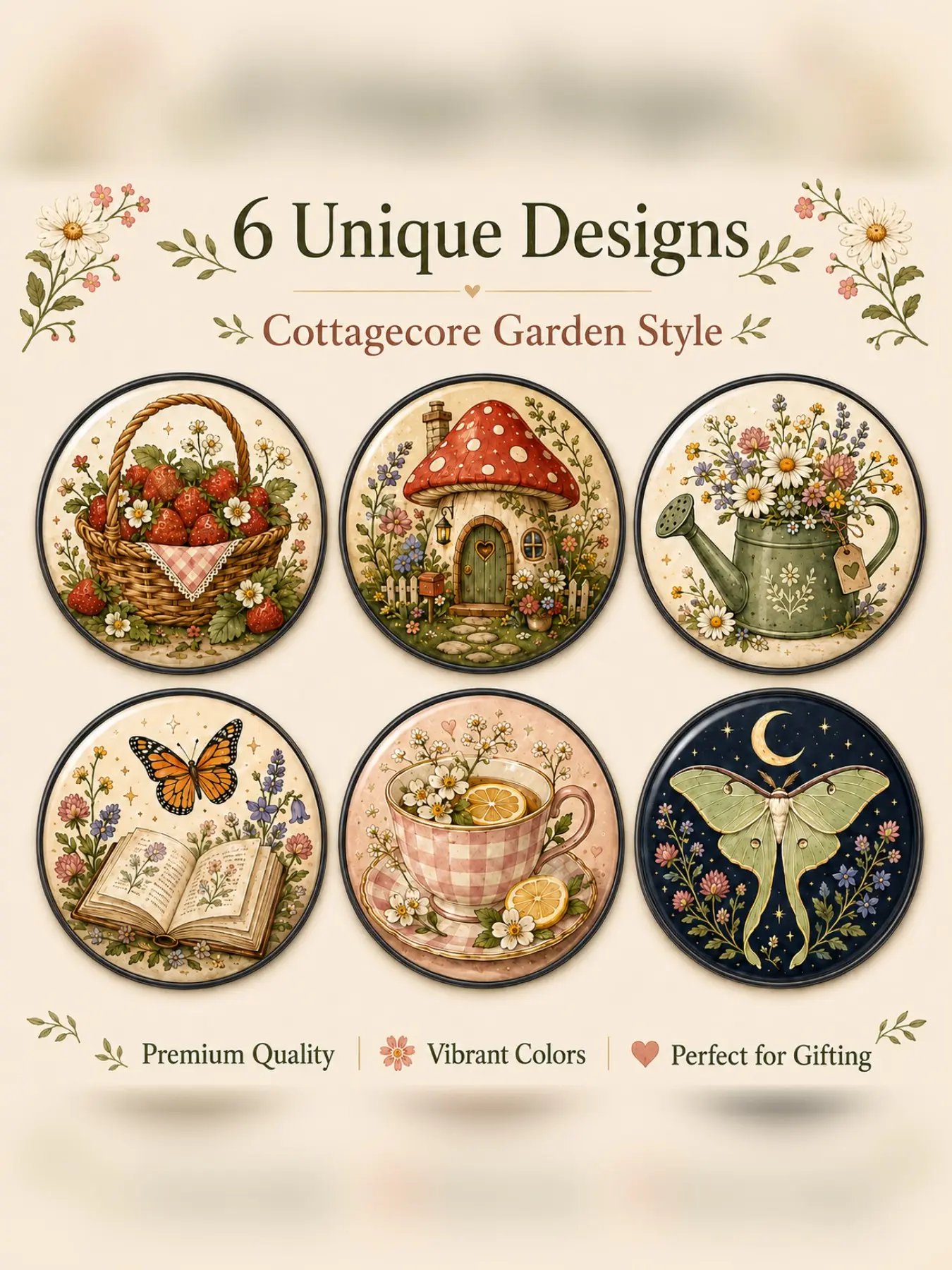 6pcs Cottagecore Button Pin Badge Set, Vintage Floral Mushroom Strawberry Butterfly & Luna Moth Designs, Aesthetic Accessories, Cute Gift for Women and Teens