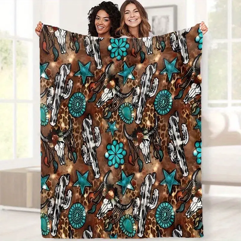 Vintage Western Cow Skull & Cactus Print Flannel Throw Blanket - Soft Texture Polyester Non-Woven, All-Season Eclectic Home Decor for Home & Office Indoor Use, Ideal Gift for Christmas Weddings Birthdays