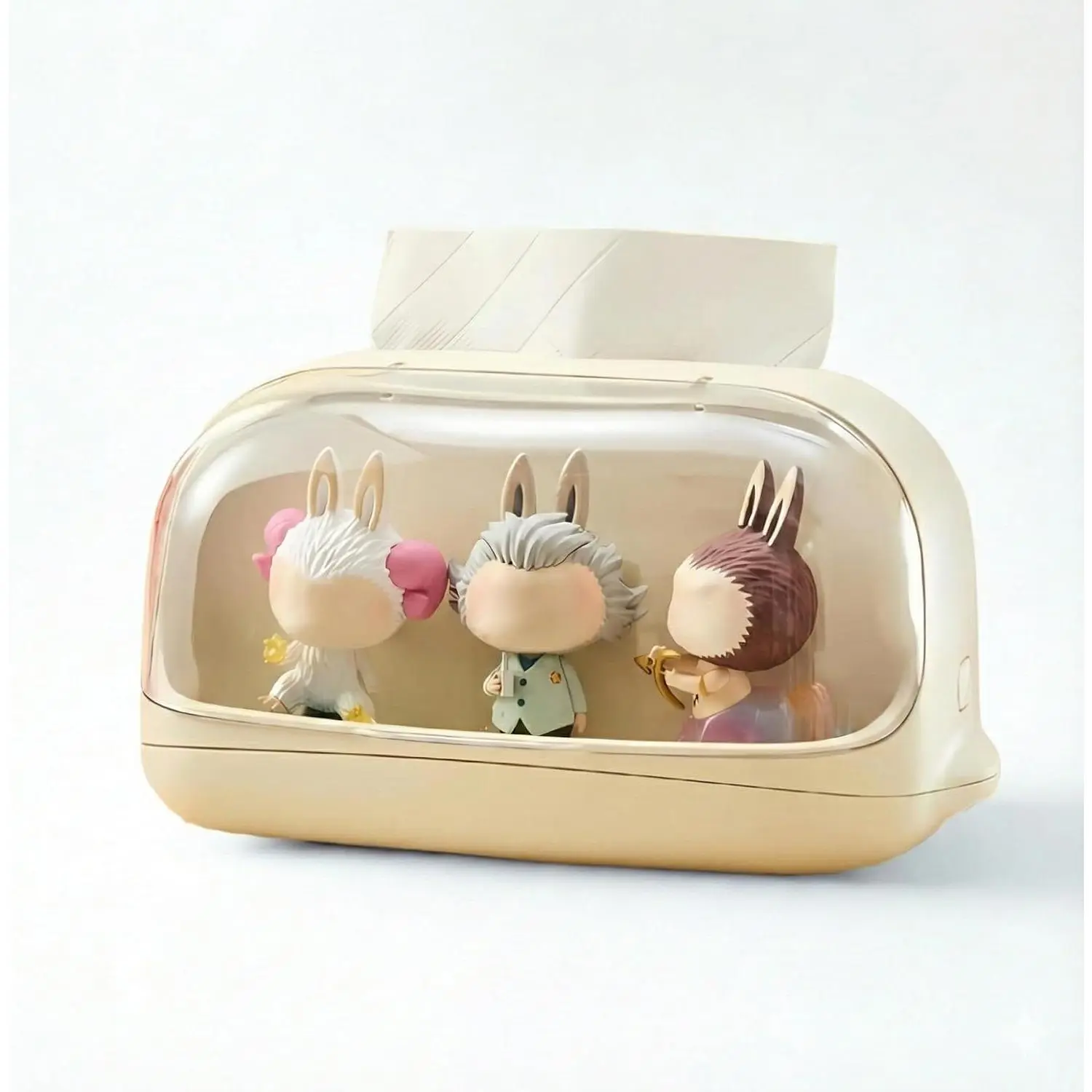 Tissue Box with Display Case for Figurines,  Clear Tissue Holder and Storage Organizer, Compatible with POPMART Collectibles, Desk and Bedroom Decor