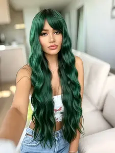 Dark Green Wavy Wig With Bangs, Big Wave Synthetic Wig for Women, Perfect for Daily Wear, Dates, Concerts and Music Festival Looks 28inch