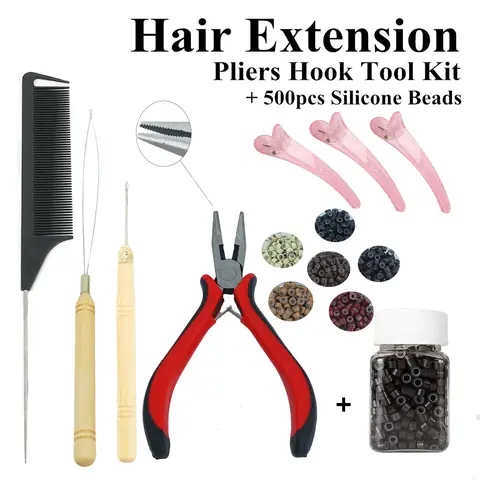 Professional Hair Extension Tool Kit, Includes 500 Micro Beads, 1 Clipper, 1 Needle, 1 Lacing Device, for Salon Use, Pulling Needle