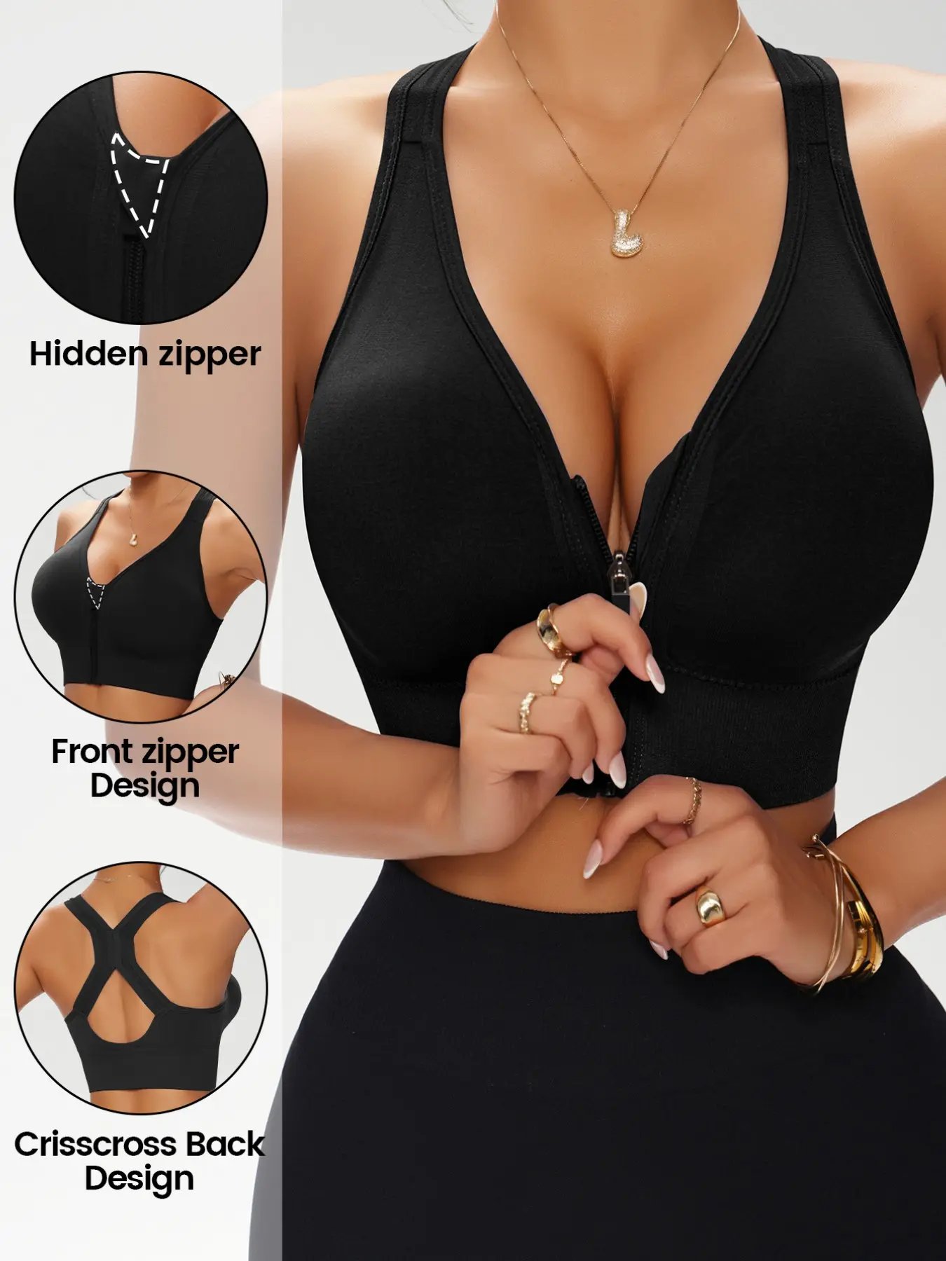 Women's Plain Front Zip Bra, Racerback X-Back Wide Strap Lingerie, Wireless Elastic Non-Restrictive, Detachable Pads, Padded Crossover Bra, Sporty All Seasons