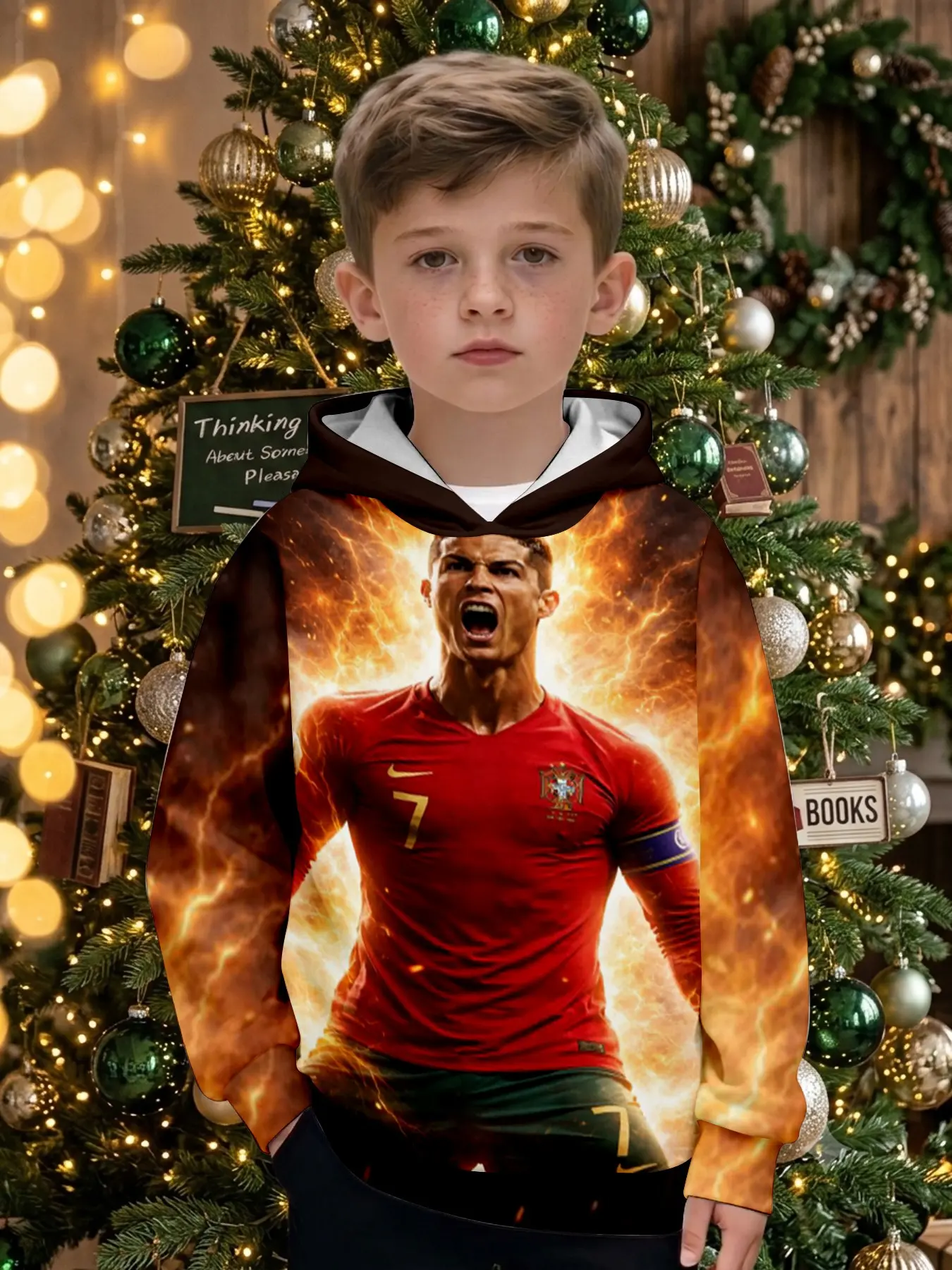Autumn Boys' Hooded Sweatshirt, Ronaldo 7 Portugal Team Print, Long Sleeve Loose Fit, Casual Sporty Style, Fall & Winter Wear