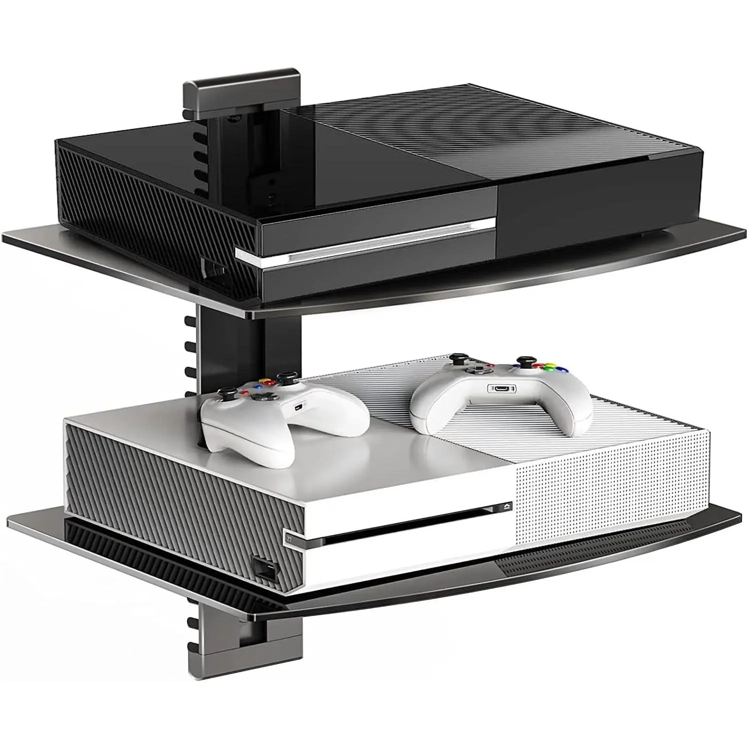Glass Floating Shelves, TV Wall Mount with Shelf for DVD Player / PS4 / Cable Boxes/Game Consoles/Sky Box/TV Accessories, Flat Black 2-Tier Wall Mount Bracket