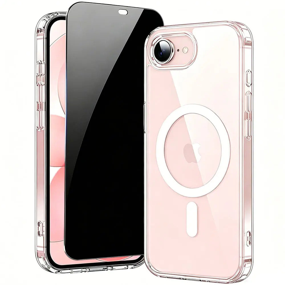 Magnetic for iPhone 7 8 Plus SE2 SE3 SE 16E 17E, Shockproof Transparent Protective Cover with Tempered Glass Screen Protector