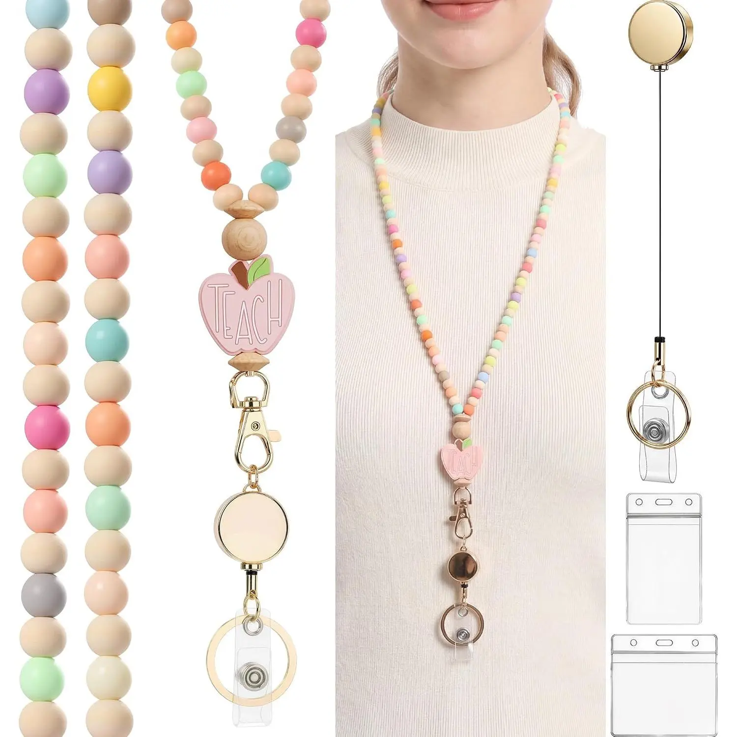 Beaded Breakaway Lanyard for ID Badges, Retractable Cute Lanyard for Women, Teacher Nurse Office Work School