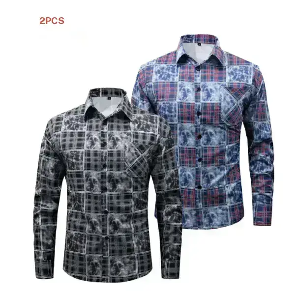 Men’s tie dye plaid long sleeve shirt two piece set, retro casual dual styles, color block plaid patchwork with tie dye craftsmanship, smooth skin friendly fabric, versatile comfortable slim fit top summerwins