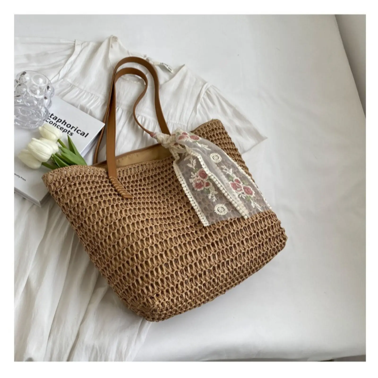 Hollow Crochet Raffia Woven Tote Bag, Summer Beach Floral Lace Ribbon Trend Shoulder Handbag, Natural Khaki Straw Large Vacation Carry Bag, Leather Wrapped Handle Lined Inner Casual Bag for Travel Shopping Holiday Wedding Party
