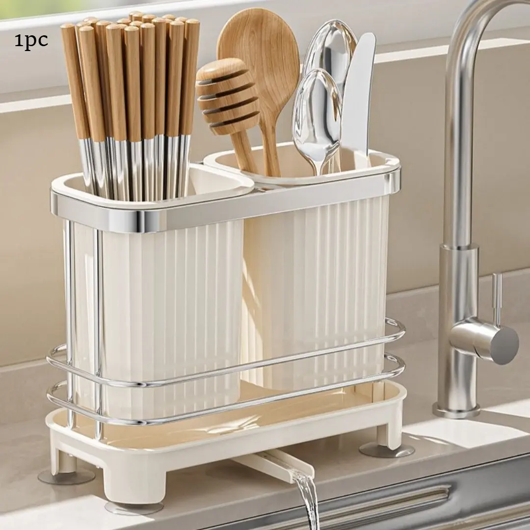 Kitchen Utensil Holder Cutlery Drainer, Self-Draining Chopstick Cage Spoon Storage Organizer, Countertop Silverware Tray for Home