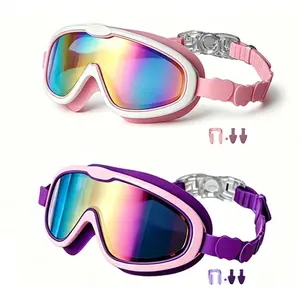 2 Pack Toddler & Kids Swim Goggles, Shatter Resistant Anti-Fog UV Protection Waterproof Swimming Goggles Complete with Ear Plugs and Nose Clips for Ages  3-15 Boys Girls