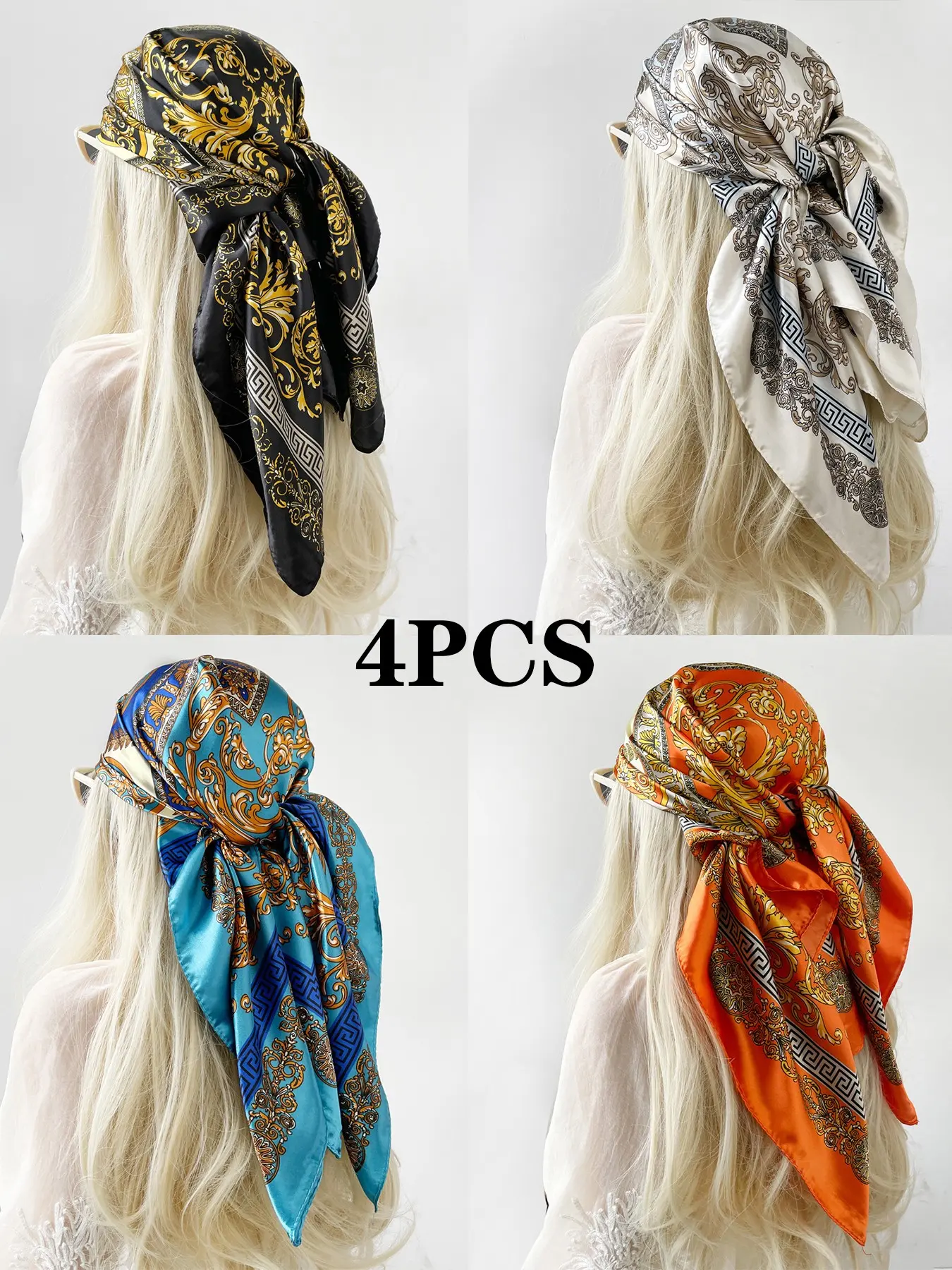 4pcs Fashion Baroque Print Satin Square Neck Scarf Bandana, Neckscarf, Large Headscarf, Hiphop Streetwear, Ideal Gift for Birthday, Holiday