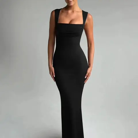 Women's Solid Square Neck Long Dress, Elegant Sleeveless Evening Party Gown, Ladies Clothes for All Seasons, Elegant Classy Flattering, Formal Evening Dress, Womenswear, Evening Gowns