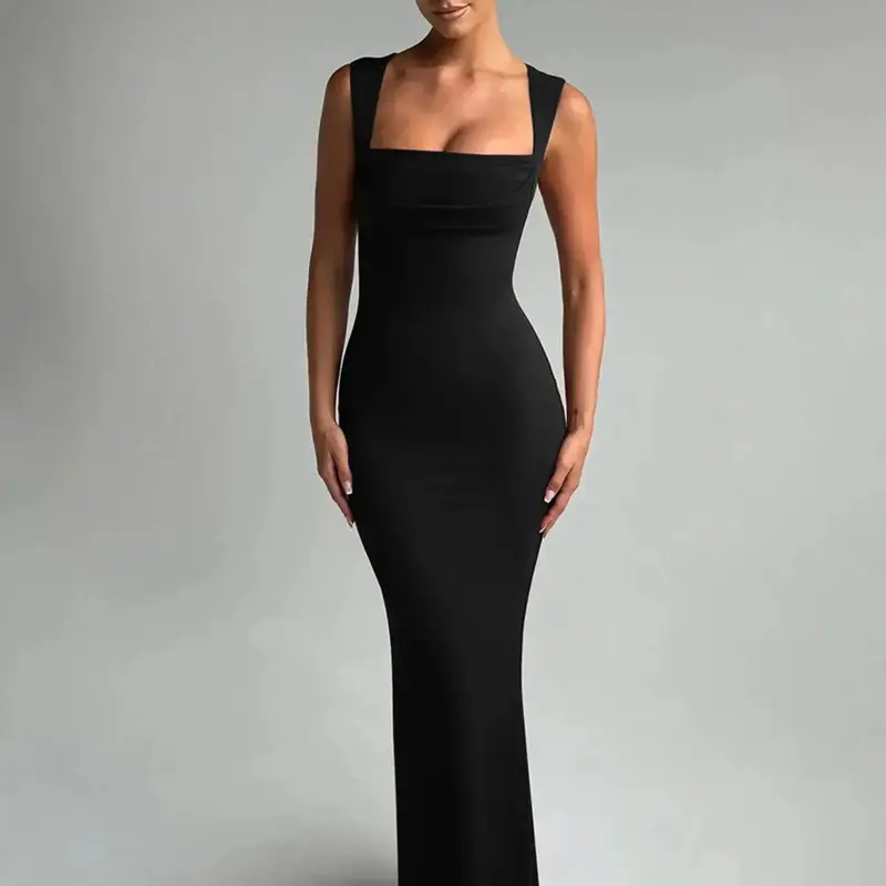 Women's Solid Square Neck Long Dress, Elegant Sleeveless Evening Party Gown, Ladies Clothes for All Seasons, Elegant Classy Flattering, Formal Evening Dress, Womenswear, Evening Gowns