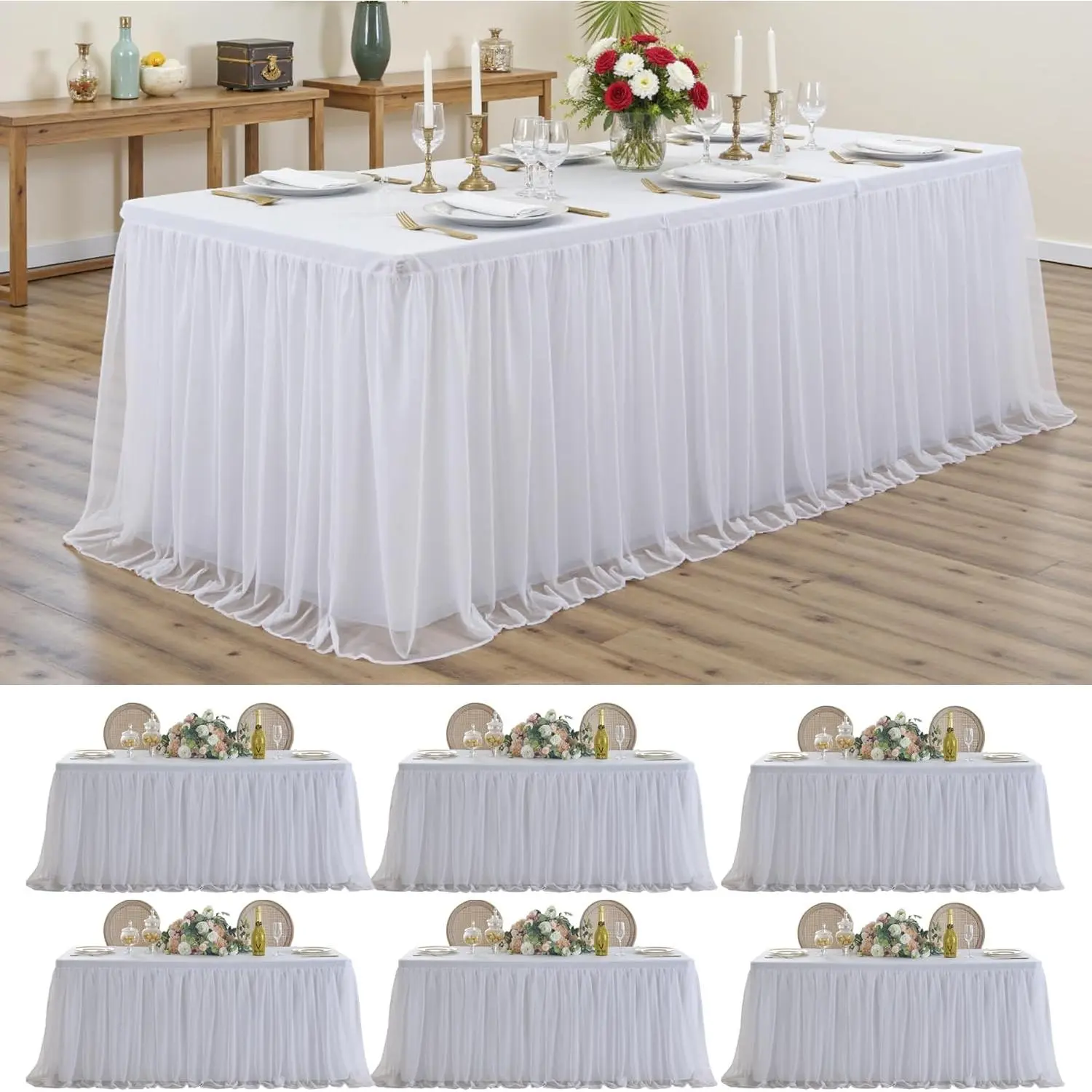 Classic Ruffled Double-Layer White Tulle Tablecloth with Tutu Skirt - 6-Pack Spandex-Blend Wrinkle-Free Cover for 6ft/8ft Rectangle Tables, Ideal for Party Events, Tablecover