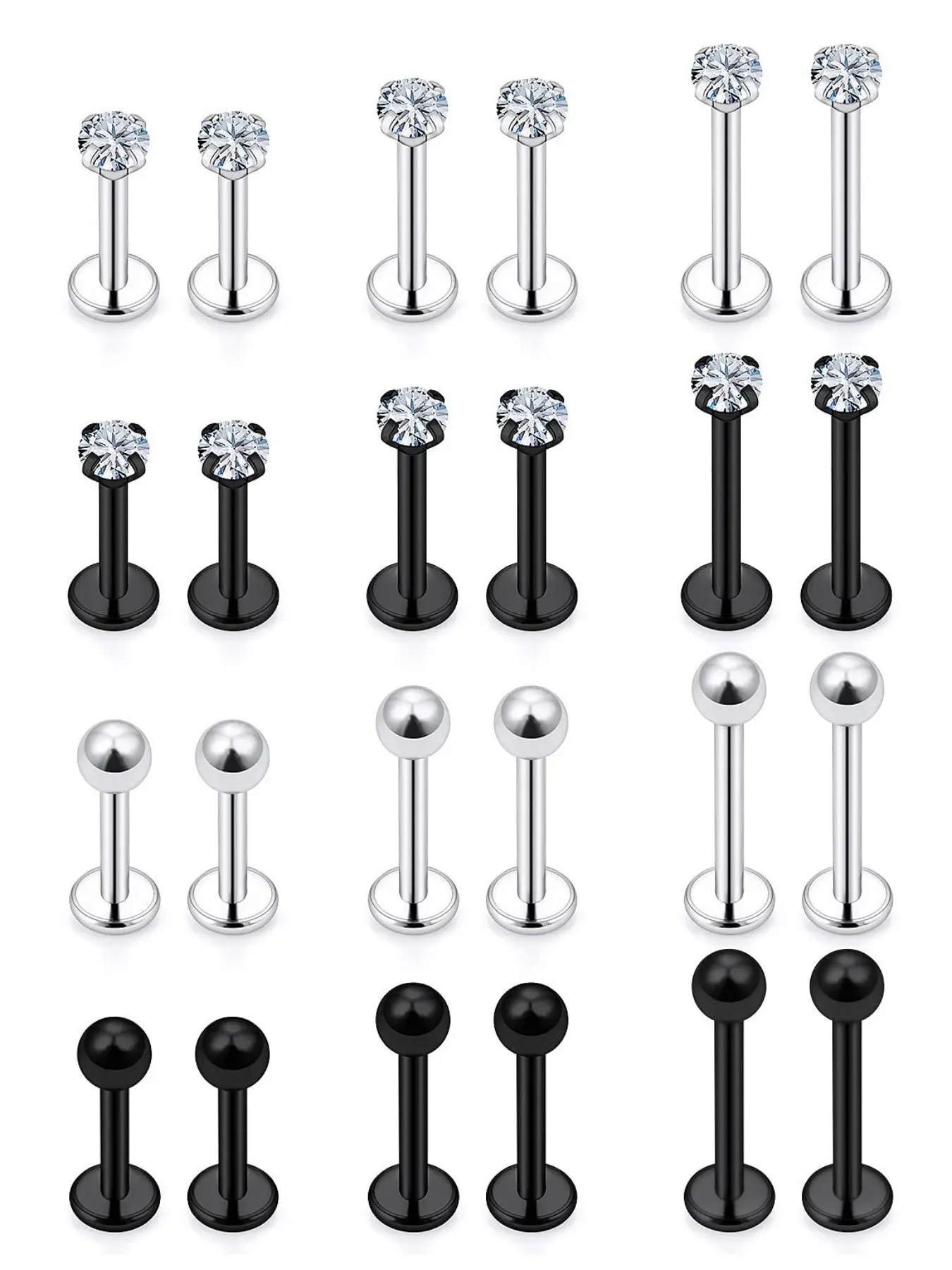 24Pcs 16G Labret Jewelry Stainless Steel Medusa Piercing Jewelry Monroe Lip Rings Different Size Tragus Nail Conch Helix Earring Stud Bar Length 6mm 8mm 10mm