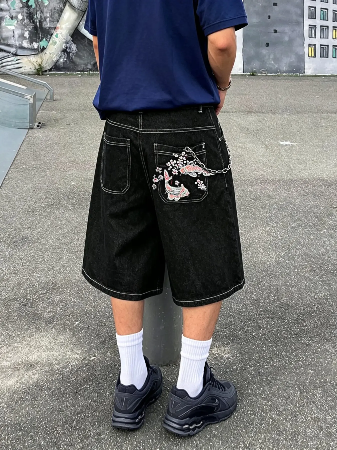 Men Y2K Casual Baggy Wide Leg Denim Jorts, Summer Outfit, Sakura Koi Fish Embroidery, Back Pocket Jean Shorts, Vintage Hip Hop Streetwear, Menswear