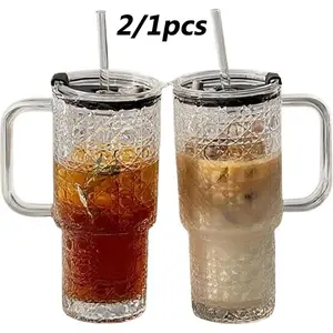 24oz Gemstone Glass Cup Set with Lid and Straw, Reusable Ice Coffee Mug, Travel Glass Cup, Tea Drinkware, Daily Use