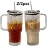 17oz Gem Pattern Glass Cup Set with Lid and Straw, Reusable Ice Coffee Mug, Travel Glass Cup, Tea Drinkware, Daily Use, Glass Tumbler with Straw and Lid