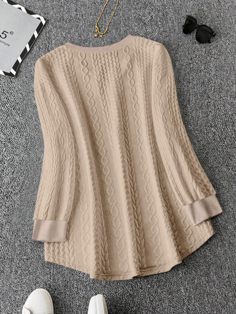 Women's Plain Jacquard Drop Shoulder V Neck Tee, Casual Long Sleeve T-Shirt for Fall & Winter, Women's Clothing for Daily Wear