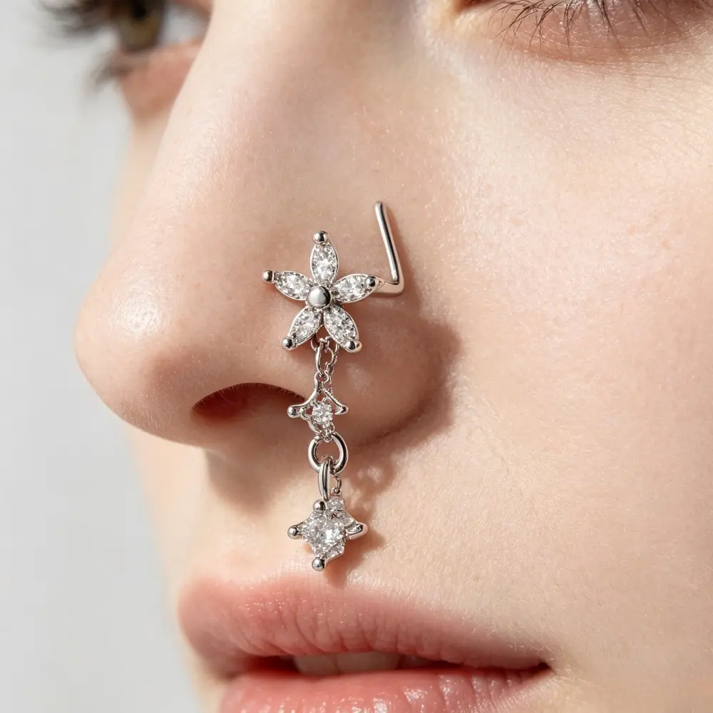 6 Styles Tiktok Trendy Dangle Chain Nose Rings for Women, Copper Inlaid Cubic Zirconia Tassel Nose Piercing Jewelry, Fashion Dainty Body Jewelry for Daily Party Festival Wear