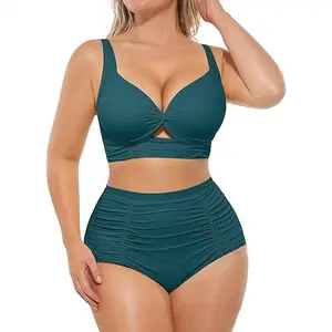 Plus Size High Waisted Tummy Control Bikini Swimsuit Women Push Up No Underwire Two Piece Conservative Swimwear Slimming Swimsuits for Plus Size Women