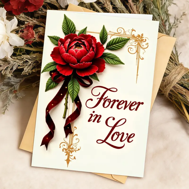 A romantic-style greeting card with a 3D red rose and gold foil decoration, blank inside, suitable for anniversaries, Valentine's Day, weddings, and expressing love