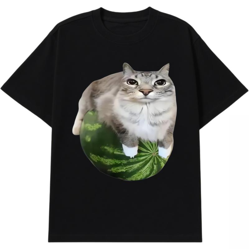 Funny Watermelon Cat T-Shirt – Men's Oversized Vintage Graphic Tee, Soft Cotton Streetwear Short Sleeve Top, Cute Summer Outfit, Animal Lover Gift, Casual Trendy Shirt for Him, Unisex Fun Graphic Tee