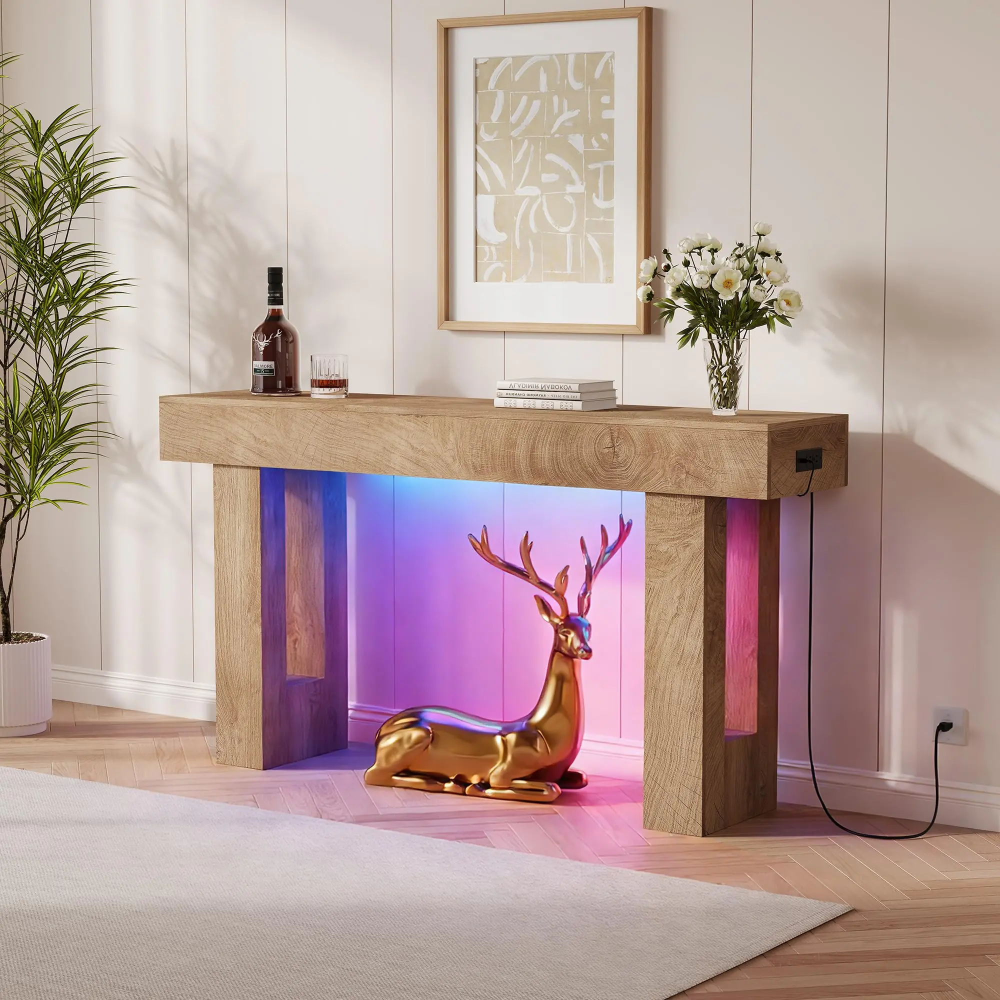 Garvee - 63-Inch Farmhouse Console Table with Charging Station and 6-Color Multifunctional Light, Rectangular Wooden Entryway Table Behind Sofa, Lobby Furniture for Living Room