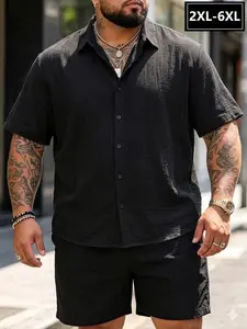 Men's Plus Size Two-Piece Outfit Set, Textured Casual, Slim-Fit Shirt & Shorts, Breathable Fabric, All-Season Comfort