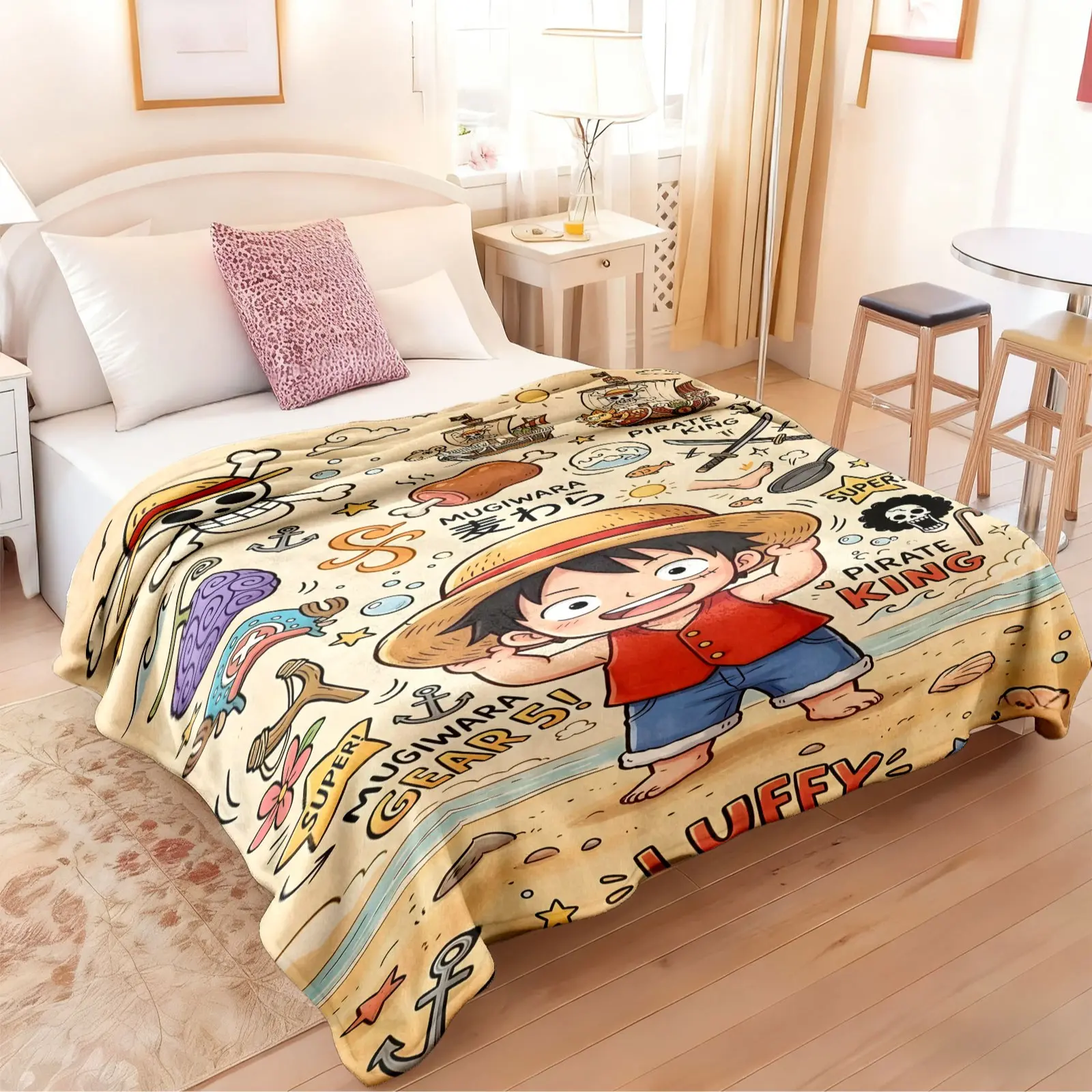 Cute Chibi Luffy Gear 5 Throw Blanket, One Piece Straw Hat Pirate Doodle, Soft Flannel Fleece, Warm Cover for Sofa Bed Camping, Gift for Anime Fans