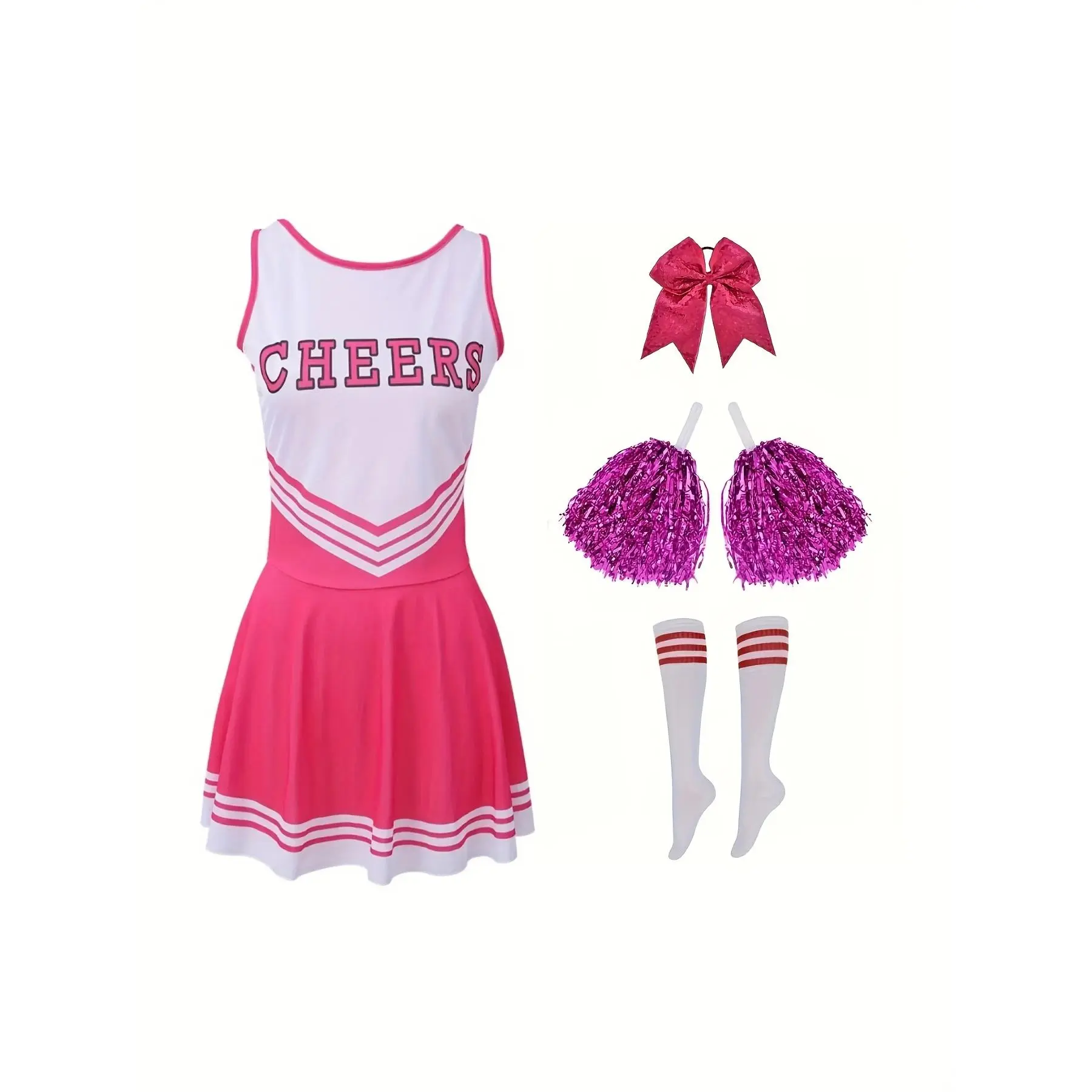 Women'S Cheerleader Dress, Cheers Uniform Set with Pom Poms, Bow And Striped Socks| Adult Cheerleading Outfit for Theme Party And Performance, Sports Activities, Halloween Celebrations