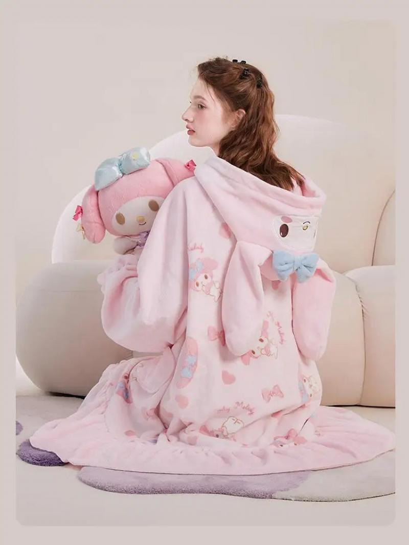 Kawaii My Melody Women Plush Pajamas Robe Set Homewear Cartoon Winter Long Style Thickened Nightgown Pants Anime Sweet Cartoon