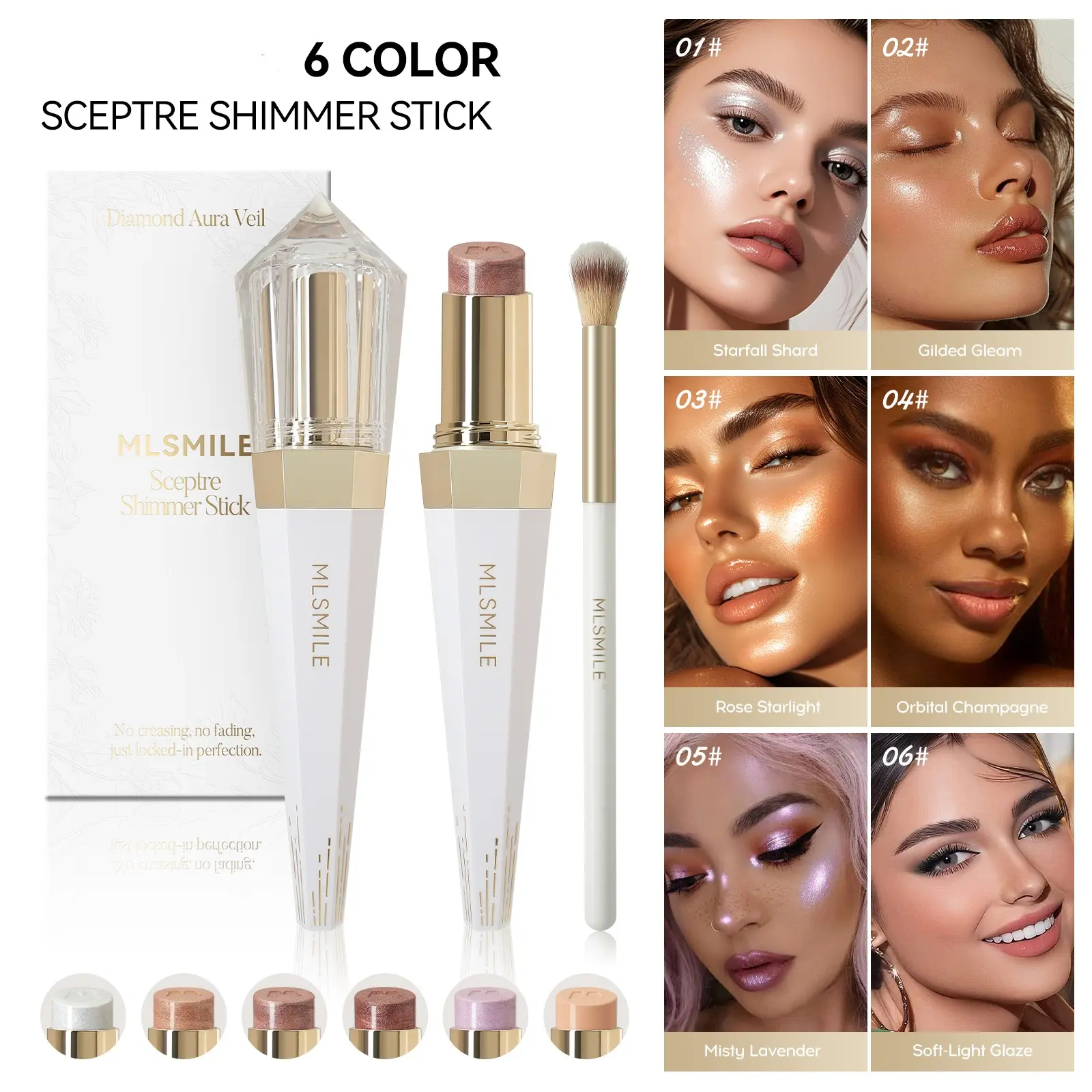 6 Shades Dewy Cream Highlighter Stick, From Pale Silver To Warm Bronze Tone, Slanted Tip For Quick Cheek Application, Matching Soft Brush Makes Blending Effortless, Create Dimensional Facial Contour