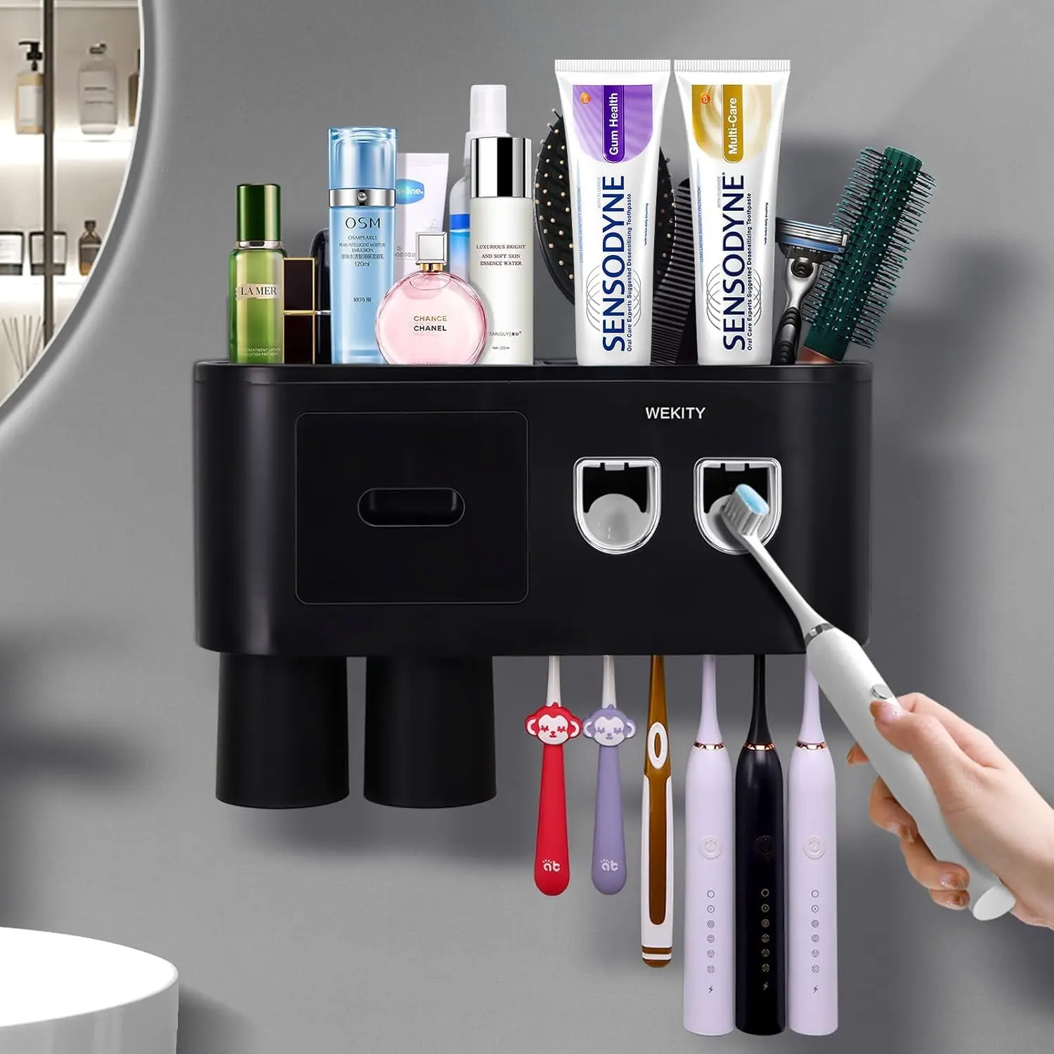Wall-Mounted Multifunctional Toothbrush Holder with 2 Toothpaste Dispensers, 2 Cups, Drawers, Quick Dry Design & Cosmetic Storage Organizer (Black), Holder + Cup