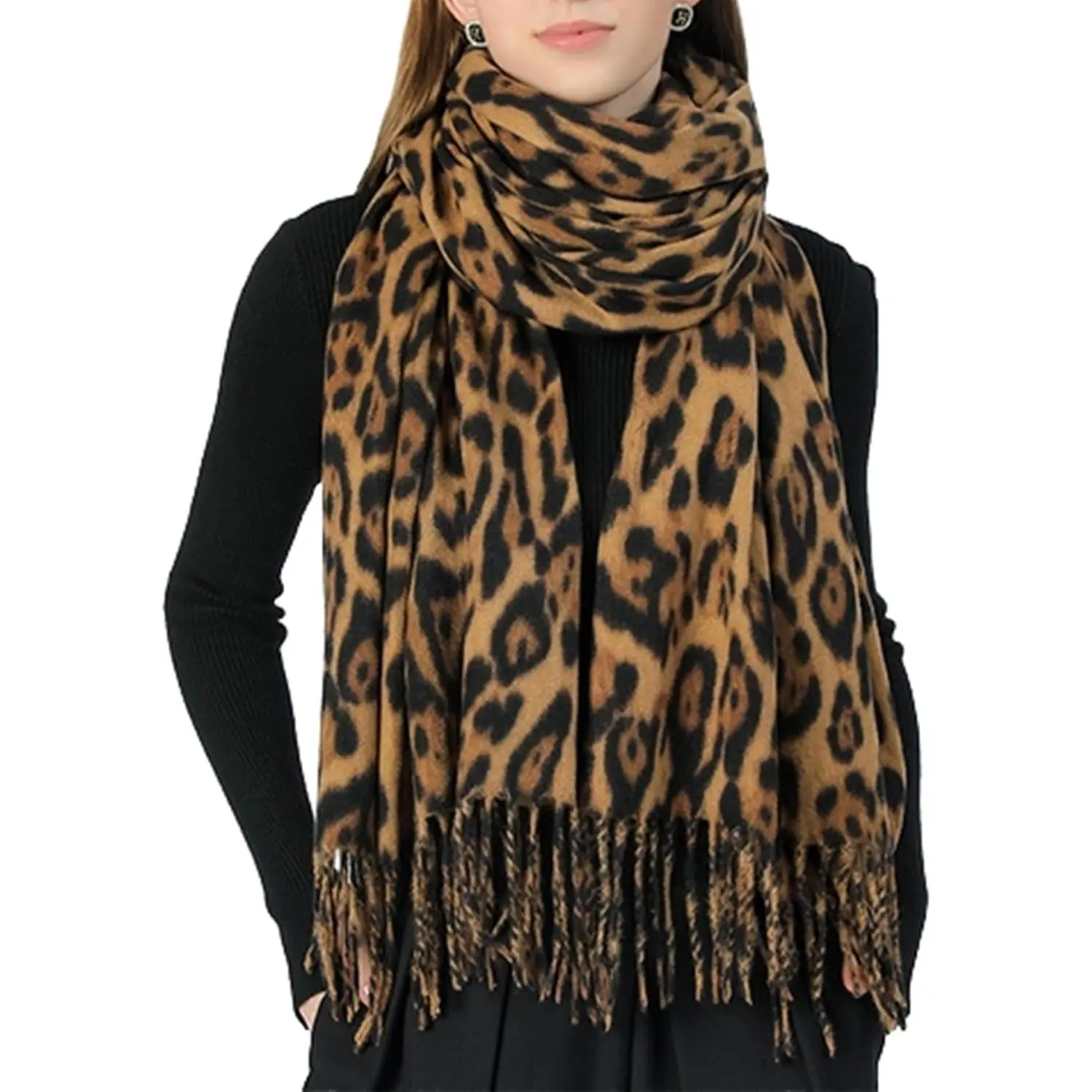 Women Fashion Leopard Winter Scarf Soft Long Double-sided Style Tassels Oversize Warm Shawl Scarves Wraps