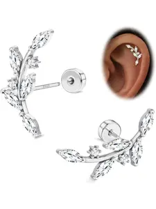 925 Sterling Silver Flat Back Stud Earrings for Women Hypoallergenic | 14K Gold Plated Cartilage Earrings for Sensitive Ears | Leaf Flower CZ Helix Tragus Piercing Jewelry