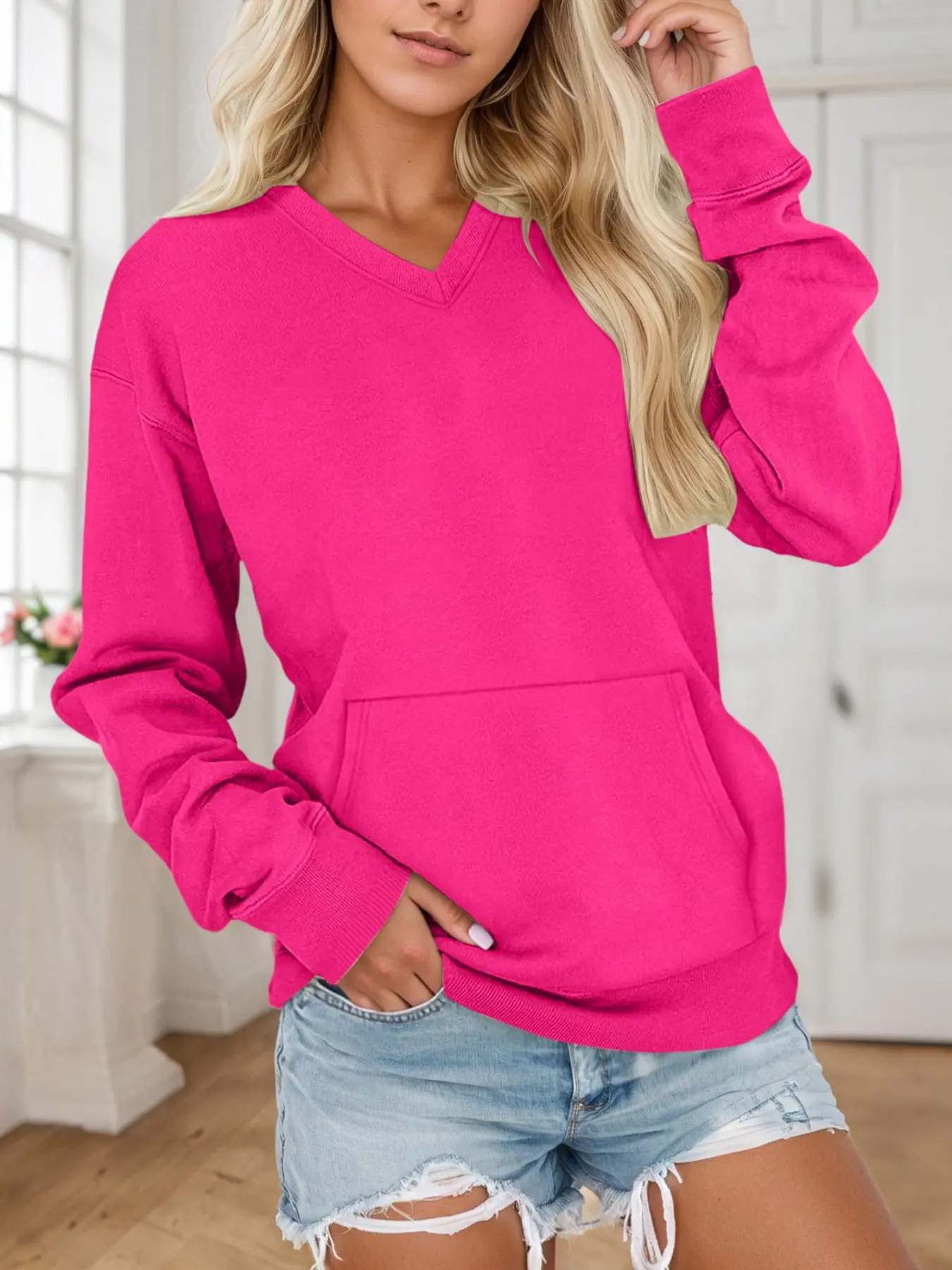 Women's V Neck Sweatshirt, Casual Long Sleeve Pullover, Oversized Basic Top, Kangaroo Pocket, Fall Winter Fashion