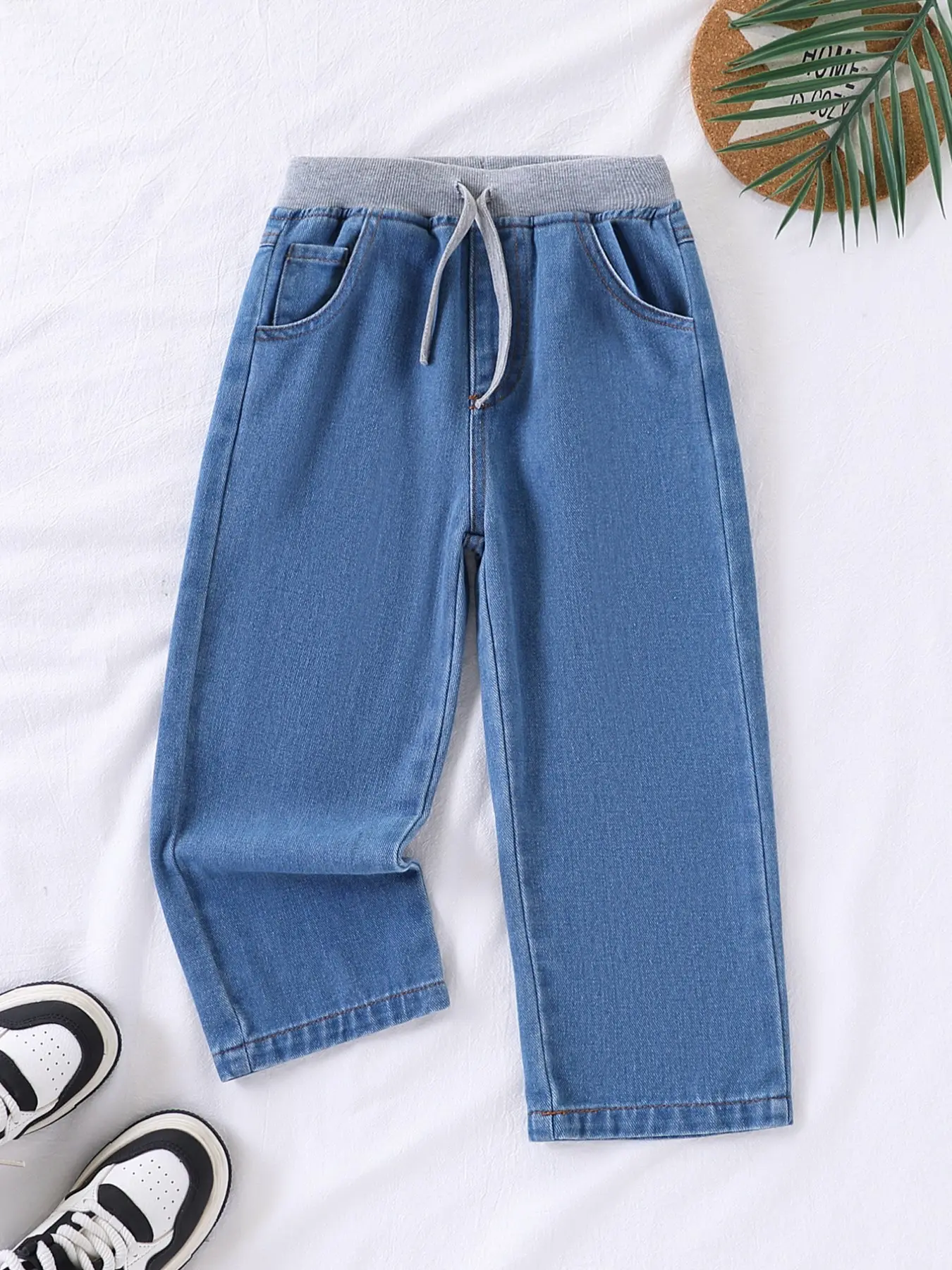Comfortable Boys' Elastic Waist Denim Jeans, Suitable for 2-7 Years Old, Cotton Ribbed Waist Straight Leg Jeans, Daily Playwear