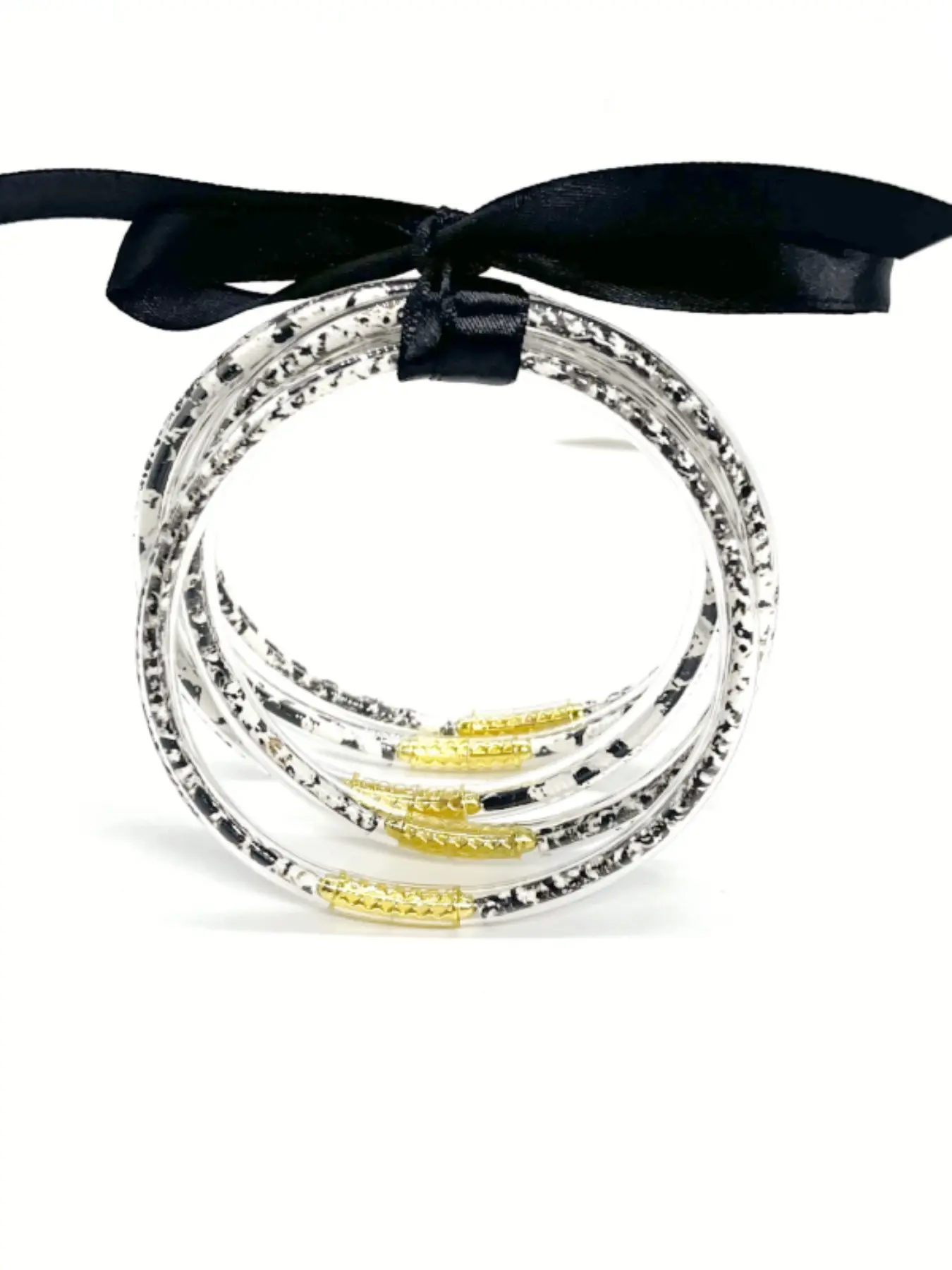 Black White Snake Skin Silicone Bangle with Gold Foil, Trendy Stackable Resin Bracelet Gift